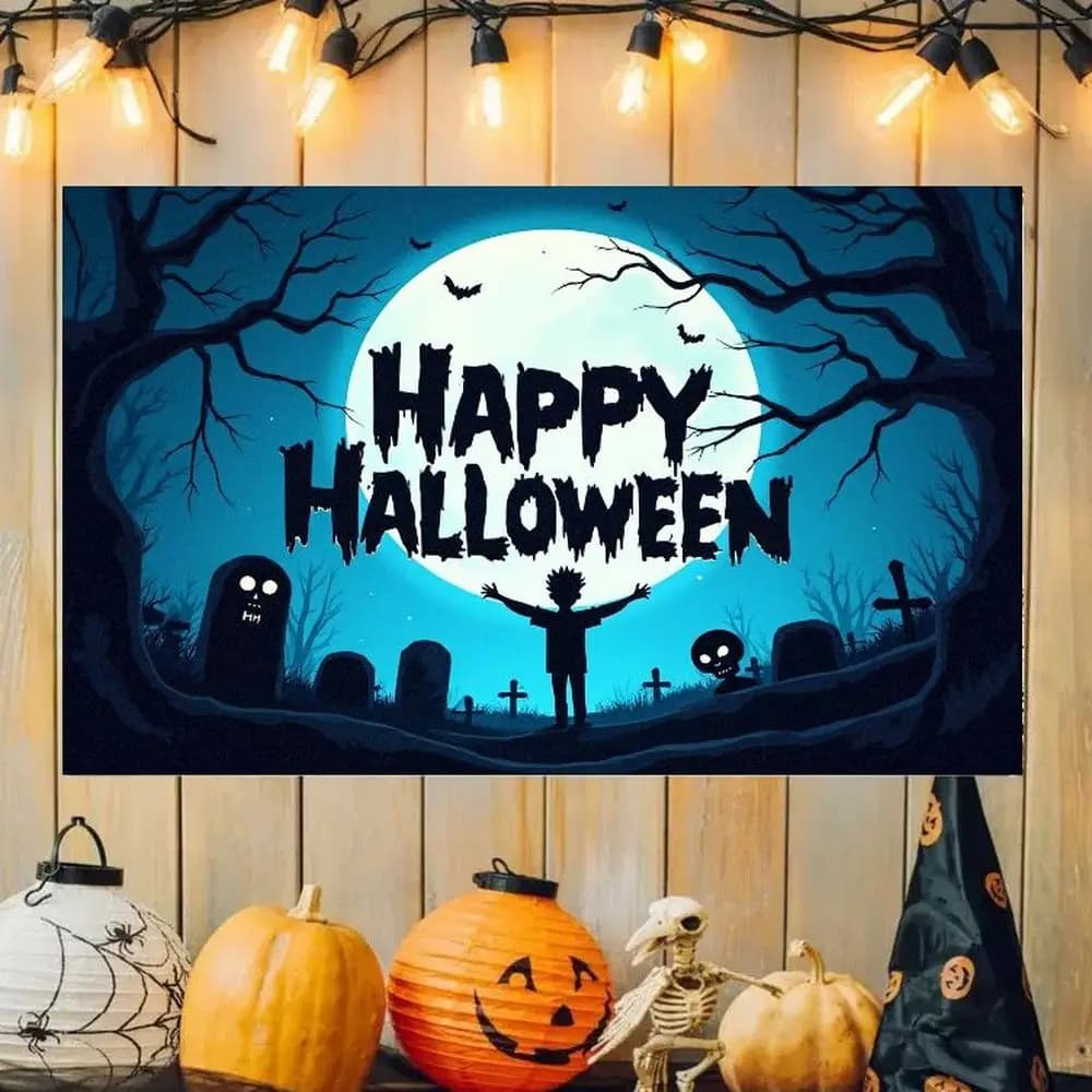 VIKAMA Gothic Halloween Tapestry, Haunted House Bat Moon & Pumpkin Wall Art Decor