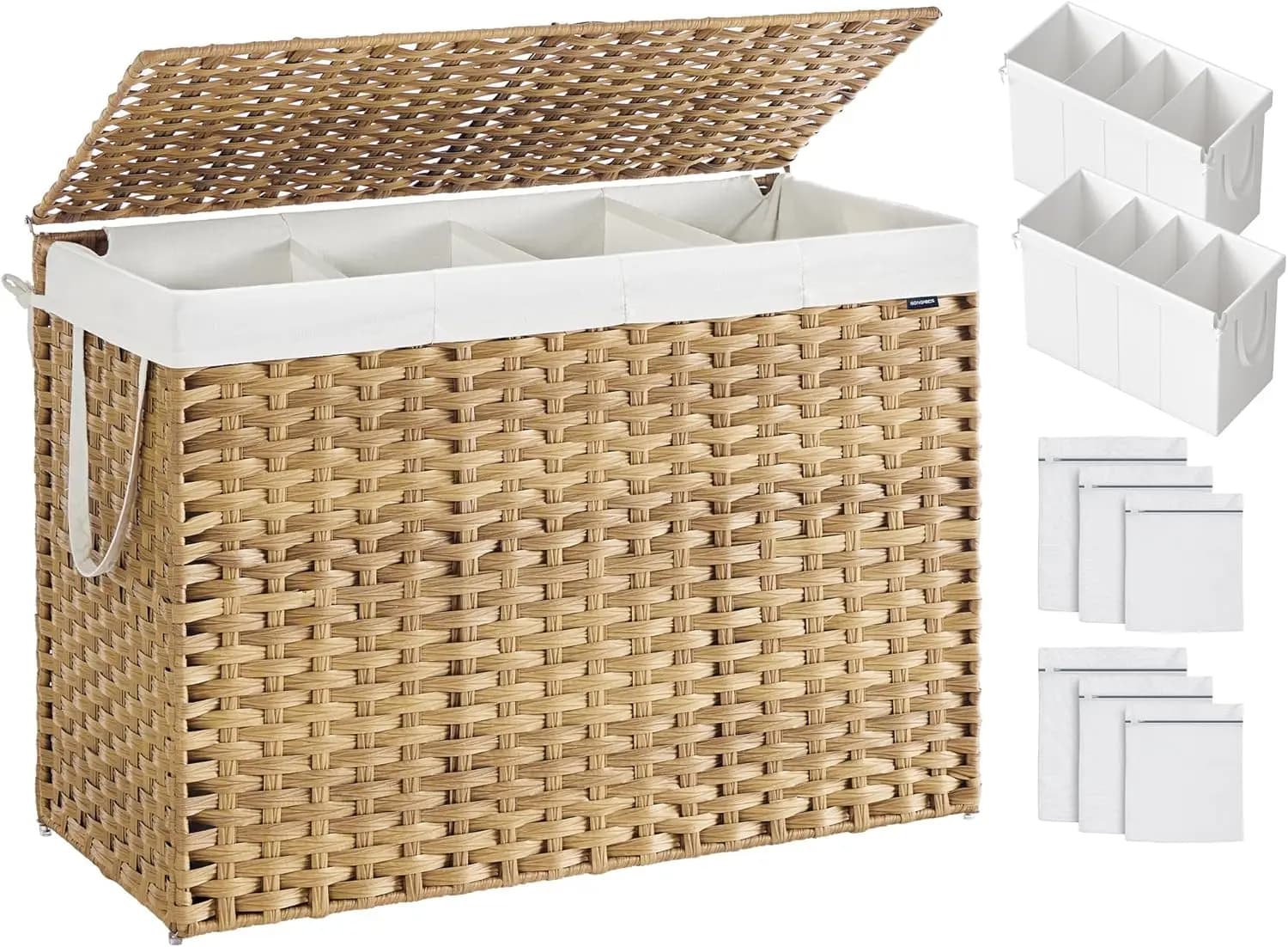 200L whiteboard with lid, 2 removable inner bags and 6 mesh bags, wicker basket to store items in the bathroom, 15.7x33.9x24 inch