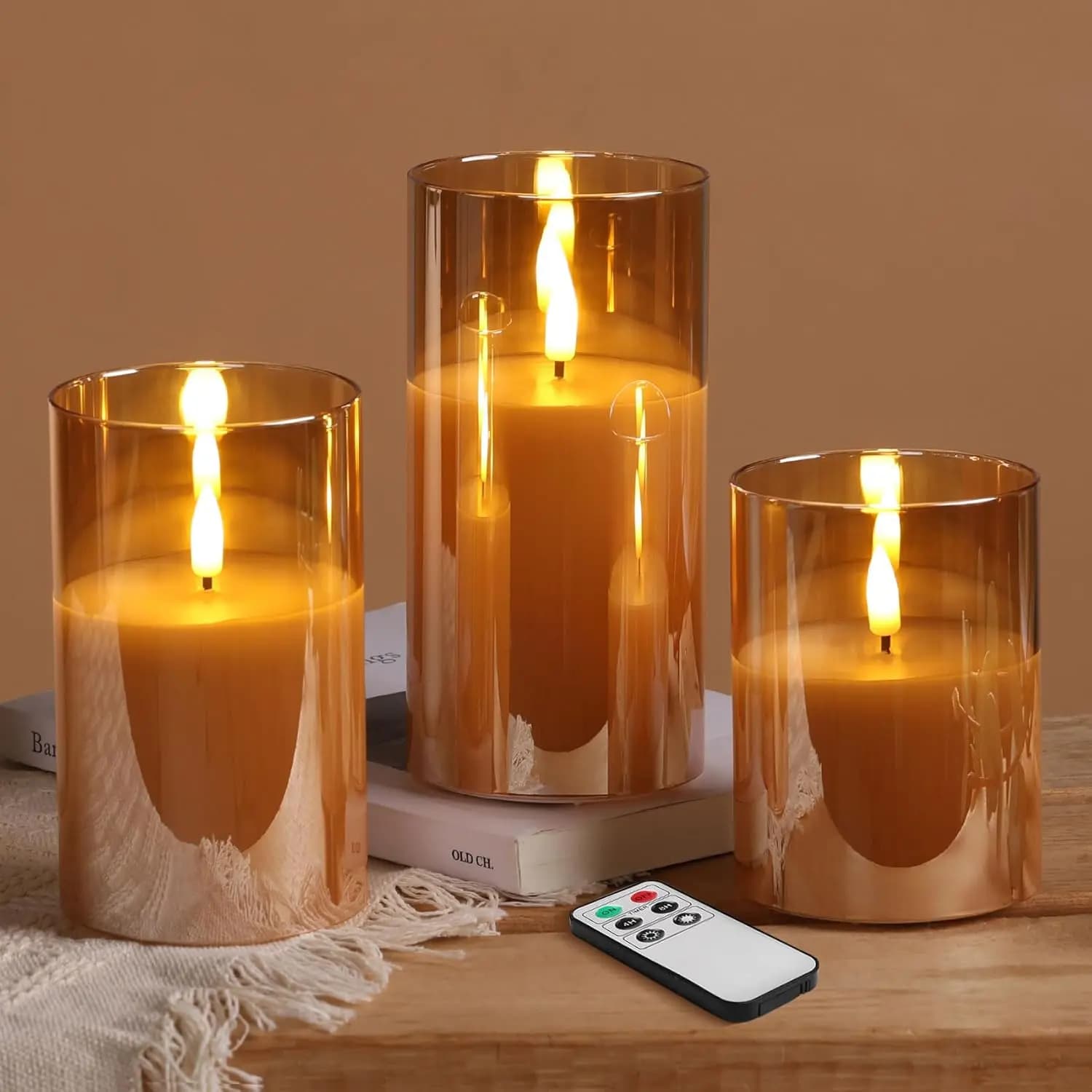 Set of 3 Flameless Golden Glass Pillar Candles with Remote Control, LED Candles Battery Tremolants for Christmas Decorations