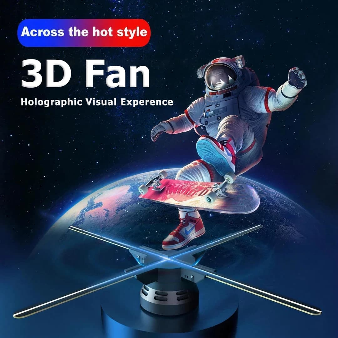 Ventola Olografica 3D con Proiettore WIFI, Luci LED per Pubblicità con Logo, Supporto APP e Connessione Audio Bluetooth per PC