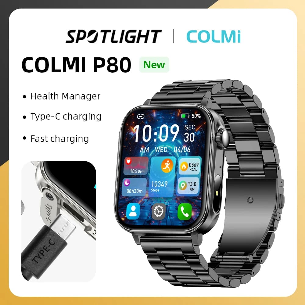 COLMI P80 Type-c Smartwatch Man Woman Health Manager Bluetooth call IP67 Waterproof Smart Watch Flashlight for Xiaomi iOS Phone