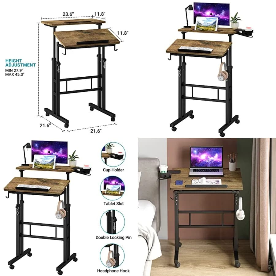 Piccola scrivania regolabile in altezza con portabicchieri, supporto mobile per laptop su ruote, postazione di lavoro ergonomica per computer su ruote
