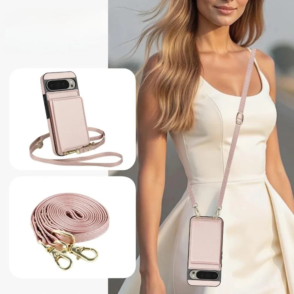 Custodia per telefono in pelle con tracolla con cordino per Google Pixel 9 Pro XL 9a 8a Portafoglio con cinturino da polso con copertura porta carte con blocco RFID