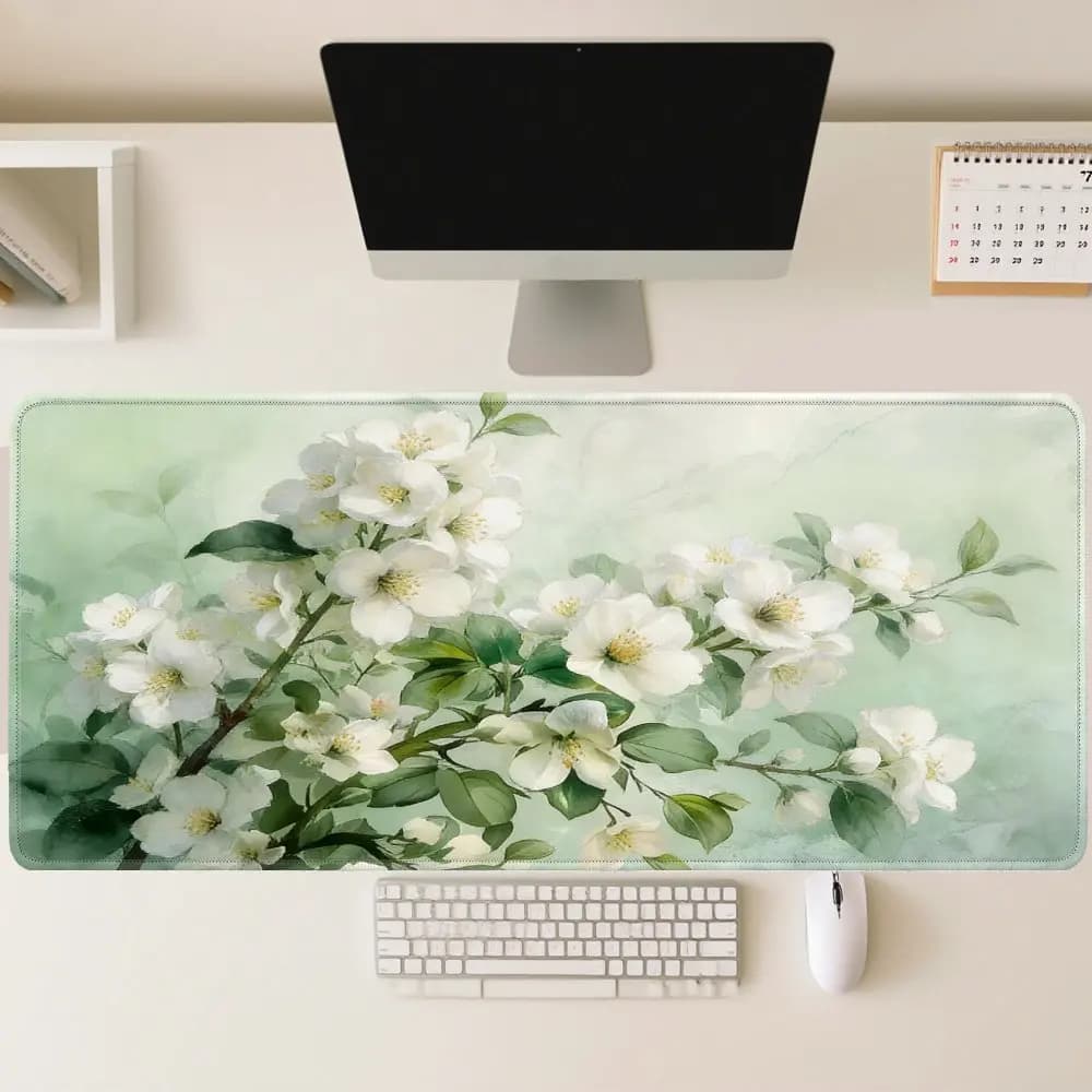 Tappetino per mouse grande con fiore di gelsomino bianco ad acquerello, tappetino da scrivania da gioco esteso antiscivolo, tappetino per tastiera impermeabile