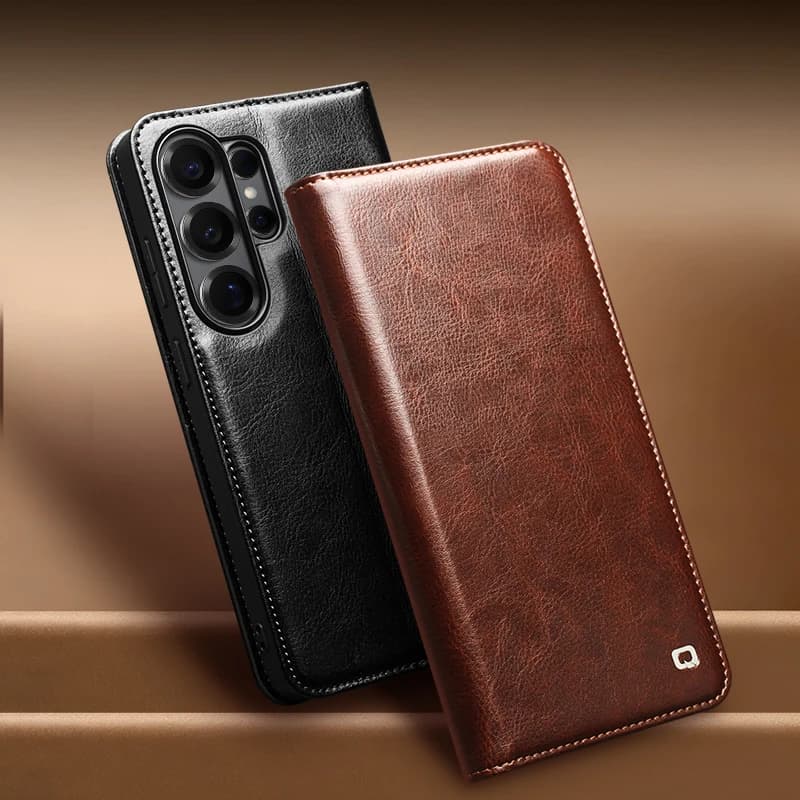 QIALINO For Samsung Galaxy S26 S25 Edge S24 S23 S22 Note20 Ultra Plus Wallet Case in Vera Premium Vacchetta Natural Leather