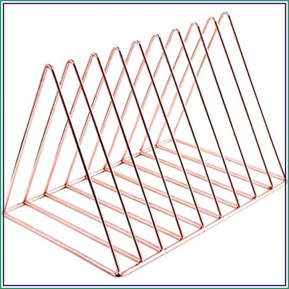 Rose Gold Metal Vinyl Record Holder, Vertical 9 Lattice Stand for Desk, File Organizer