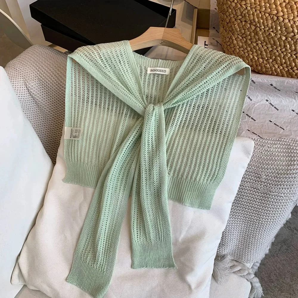 Exquisite Summer Knitted Shawl Solid Color Casual Thin Knotted Cape Versatile Lace Hollow Fake Collar for Women
