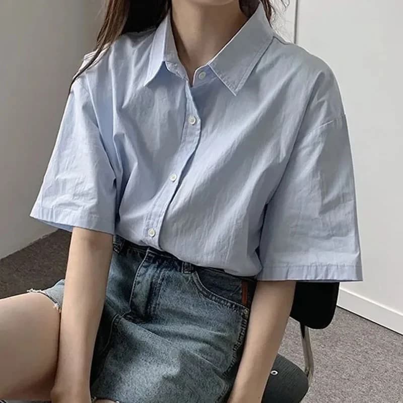 Camicia casual a maniche corte Donna Estate All-match Camicetta con colletto rovesciato allentato Camicie da lavoro semplici con bottoni coreani femminili