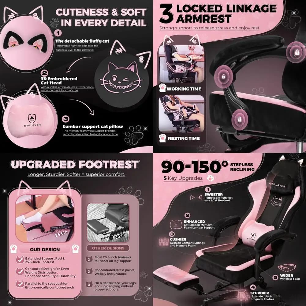 Sedia da Gaming Ergonomica con Orecchie da Gatto, Sedia da Scrivania Reclinabile con Supporto Lombare a Zampa di Gatto, Comoda per Adulti e Adolescenti, Rosa