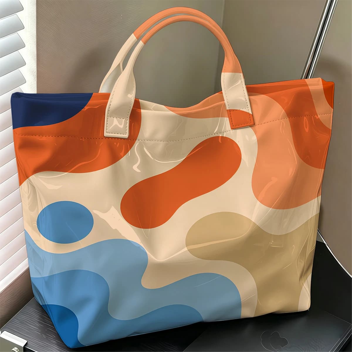 Abstract Blob Fashion Large Glossy PVC Tote Bag Hand Washable Waterproof Perfect Travel Commute Cosmetic Storage Shopper