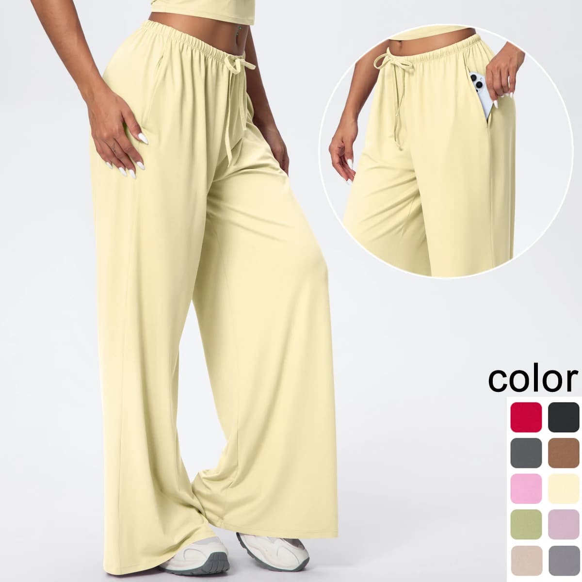 Pantaloni da yoga a gamba larga da donna ad asciugatura rapida Pantaloni da yoga larghi a vita alta con tasche Fitness Sport Allenamento in palestra Coulisse a tutta lunghezza