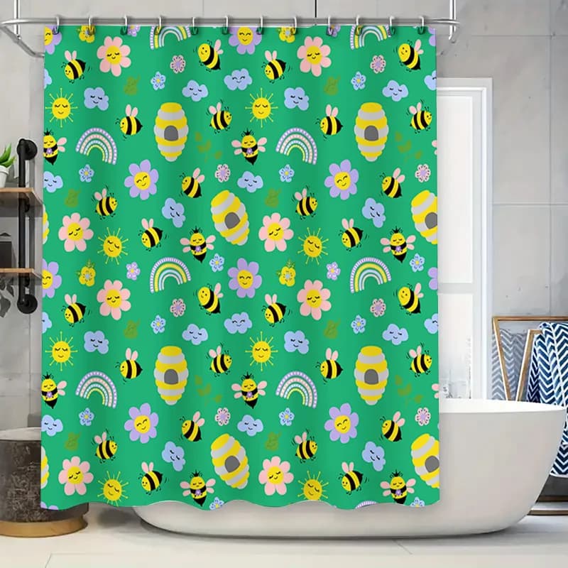 Tenda da doccia arcobaleno ape, tessuto impermeabile, decorazione per il bagno di casa, sfondo verde con design floreale personalizzato da appendere alla parete