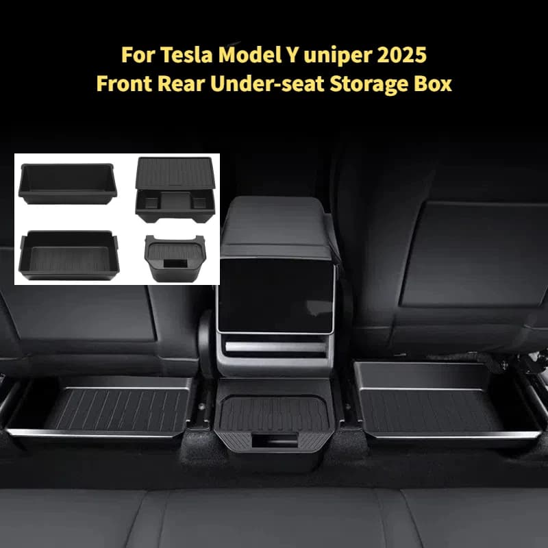 Per Tesla Model Y Launch/Juniper 2025 Scatola portaoggetti sottosella anteriore e posteriore TPE/ABS Vassoio organizer Pattumiera Accessori auto