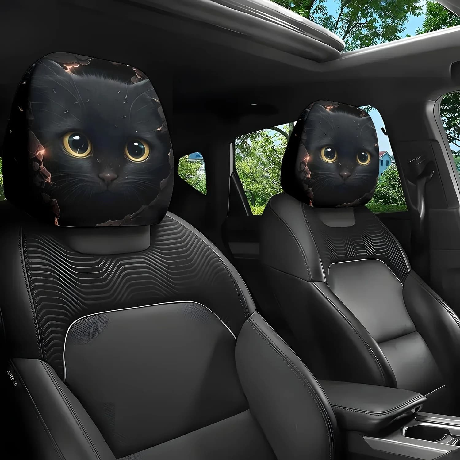 2 pezzi di cuscini per sedili auto e copri poggiatesta con stampa a tema occhio di gatto nero misterioso che guarda la notte - Con un simpatico D