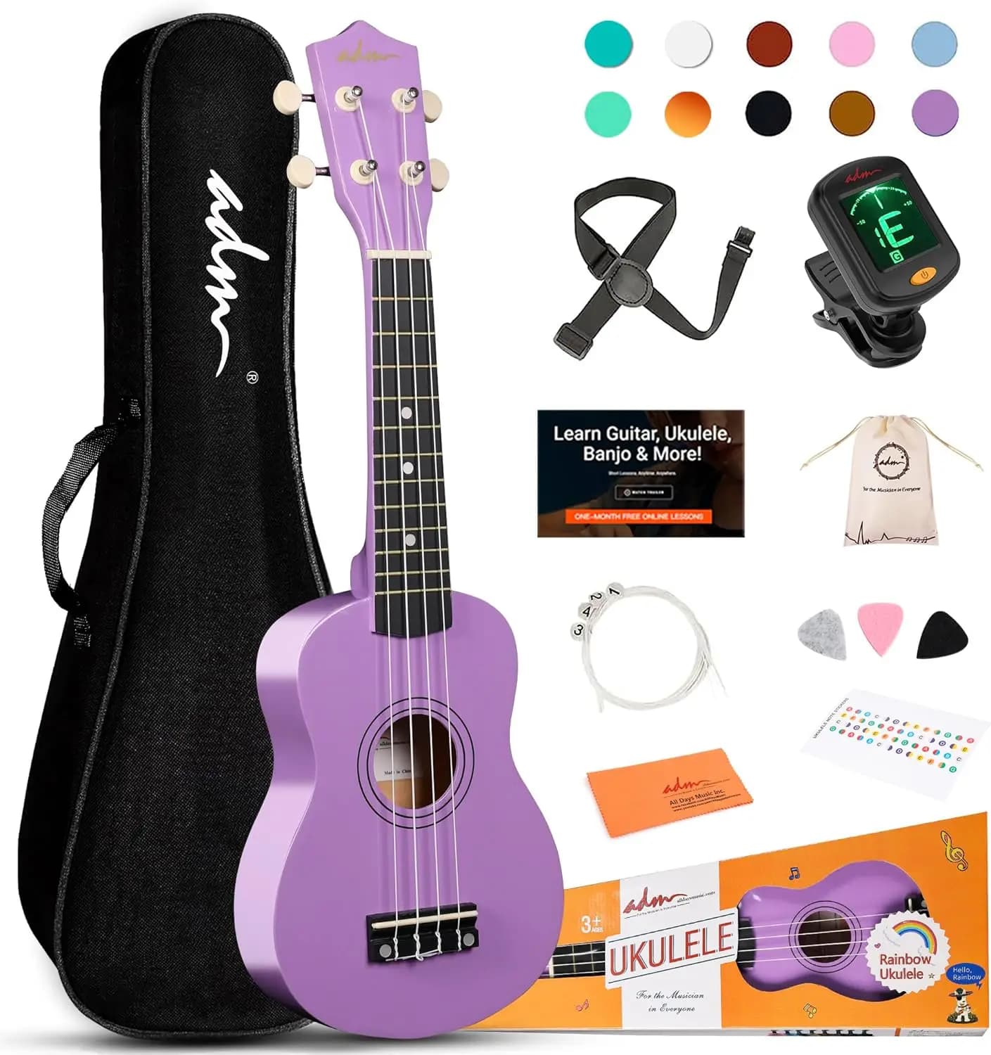 Kit Ukulele Viola Chiaro da 21 Pollici per Principianti, Bambini e Adulti con Borsa, Tracolla, Accordatore e Lezioni Gratuite