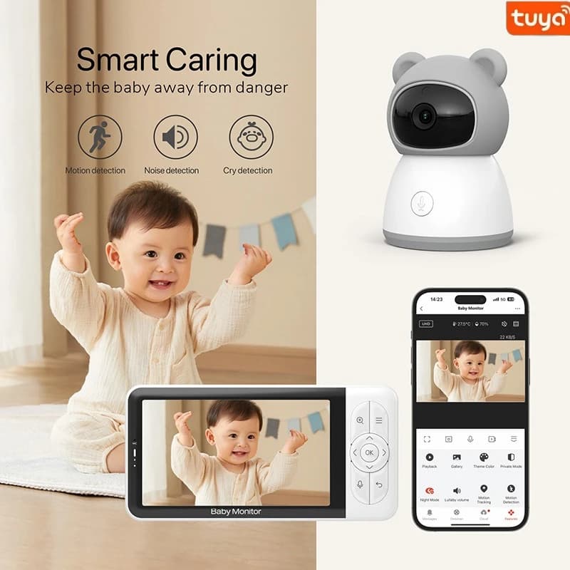 1080P Tuya Baby Monitor Schermo da 5 pollici Wireless Audio bidirezionale Citofono Rilevamento temperatura APP Telecamera di sorveglianza per bambini con telecomando