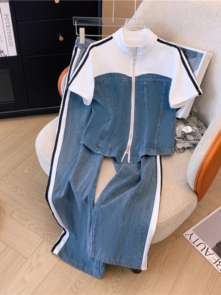 2024 estate nuova t-shirt con cerniera cucita Top femminile Set elegante Jeans da donna camicetta Casual due pezzi Set tute da donna