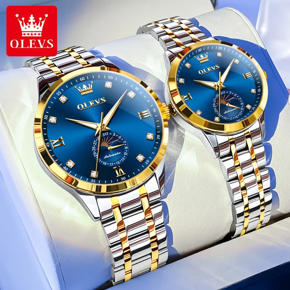 OLEVS 7041 Orologio da coppia Orologio meccanico completamente automatico originale di lusso Orologio da donna con fasi lunari con diamanti Orologio da regalo per amante superiore