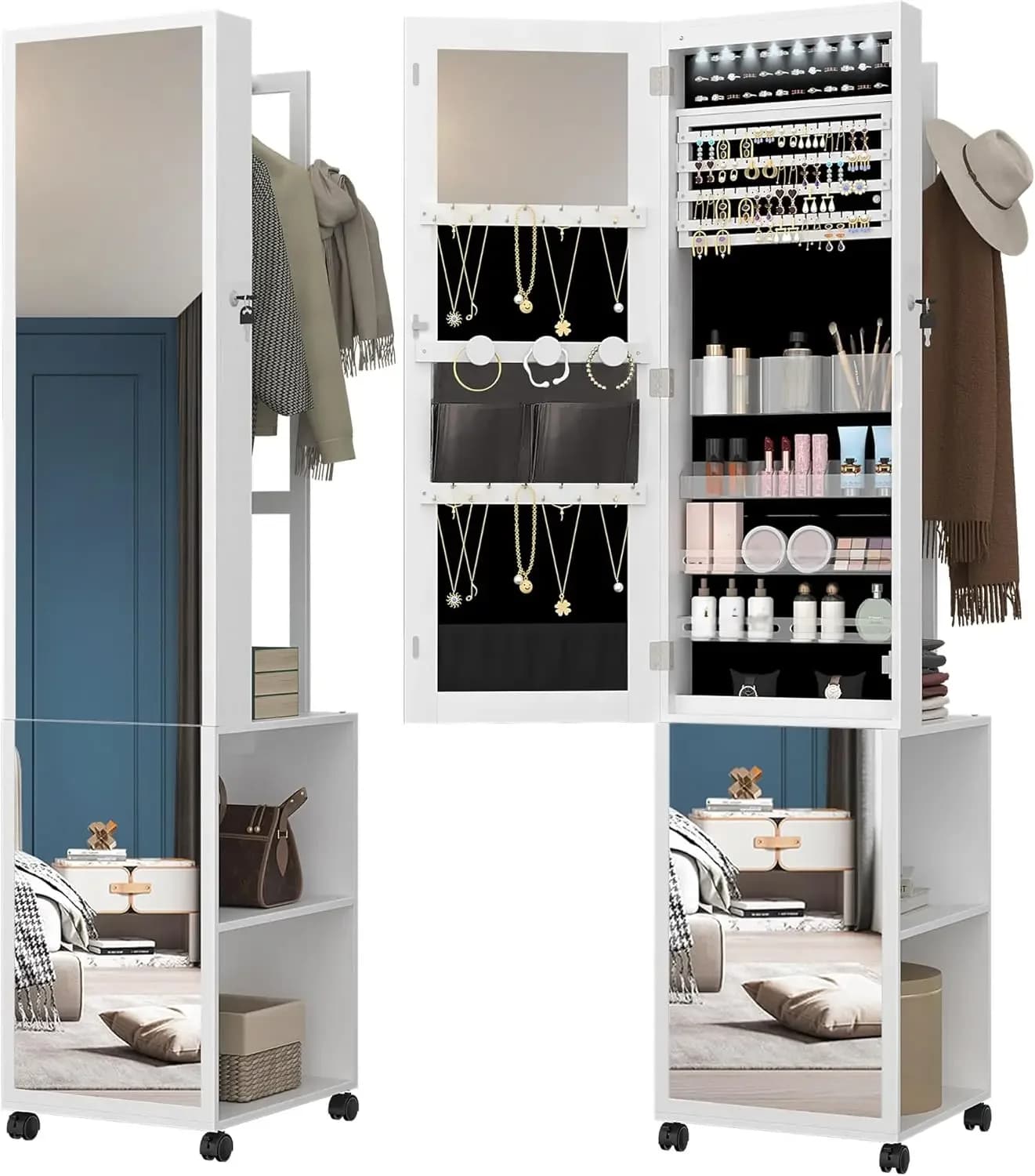 Armadio portagioielli con 8 LED, organizer per gioielli da 66,9 pollici con appendiabiti, specchio a figura intera con serratura e 4 ruote, spazio contenitivo