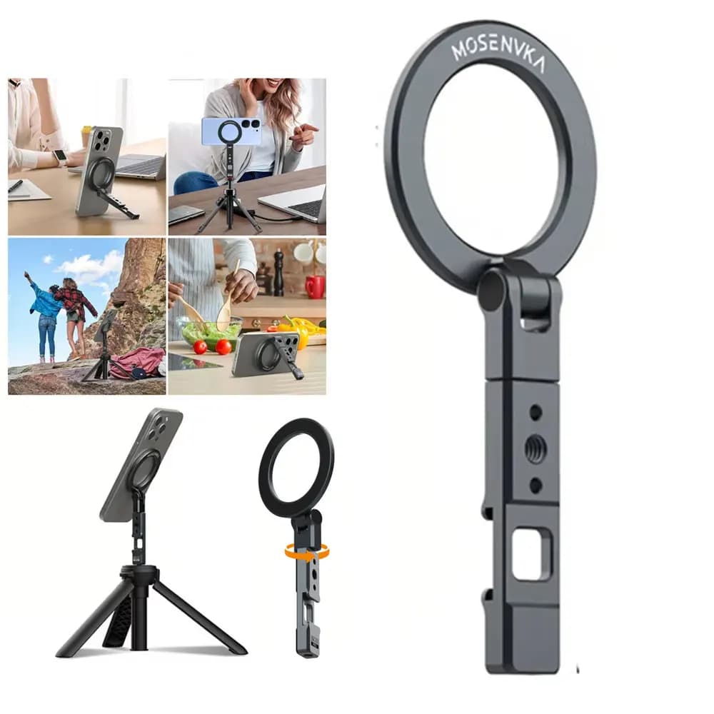 Magnetic Cold Shoe Phone Holder 360° Rotation 3-Axis Adjustable Phone Stand w 1/4" Tripod Mount for iPhoner 16-12 Android Tripod