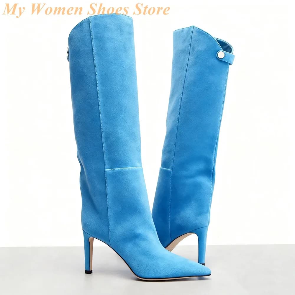 Blue Boots with Back Buckle Suede Style High Thin Heel Slip On Sexy Tip 2026 Autumn Winter Women's Elegant Shoes