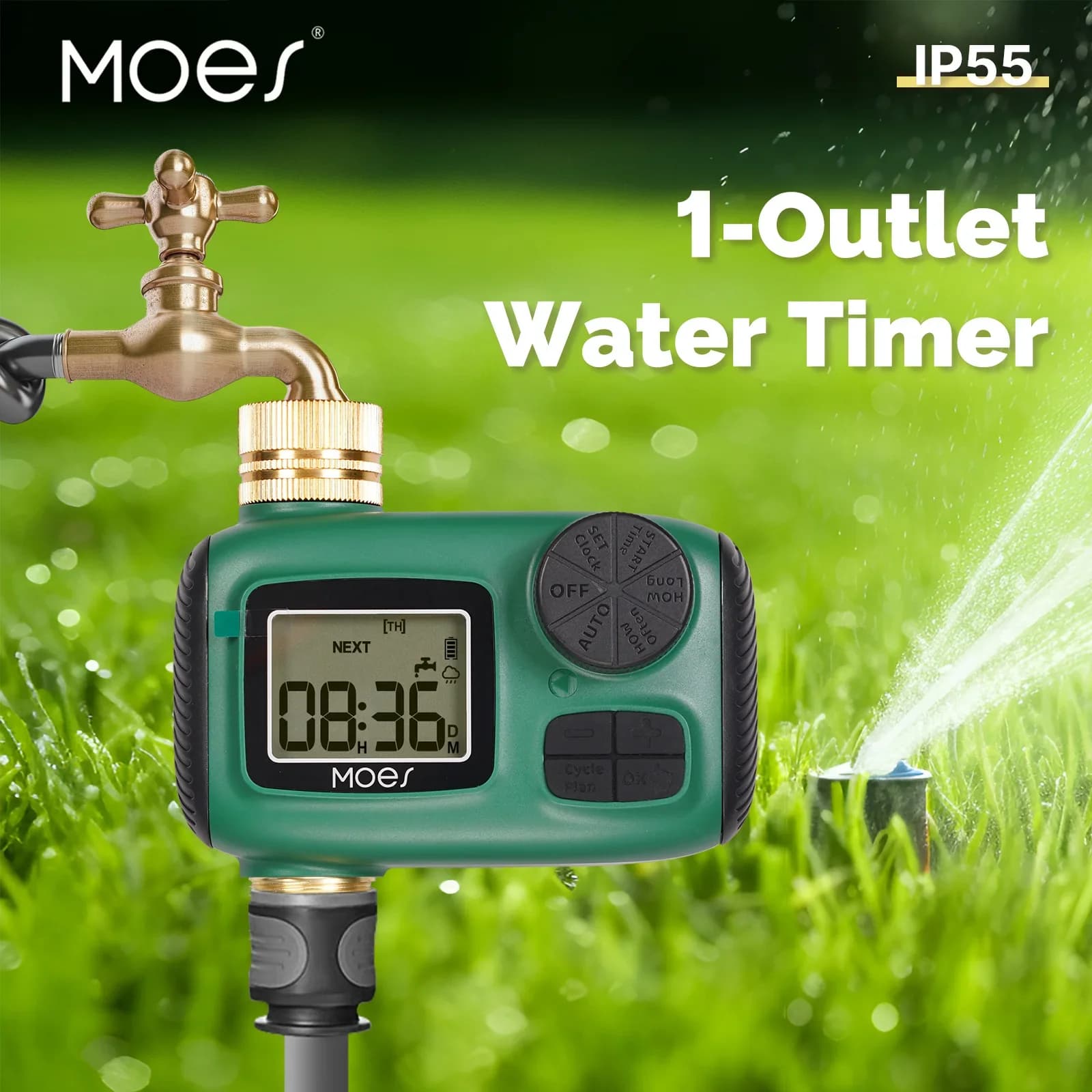 Timer acqua a 1 uscita con display LCD, ingresso in ottone, controllo manopola rotante, impermeabile IP55, ritardo pioggia e blocco bambini, irrigazione del giardino