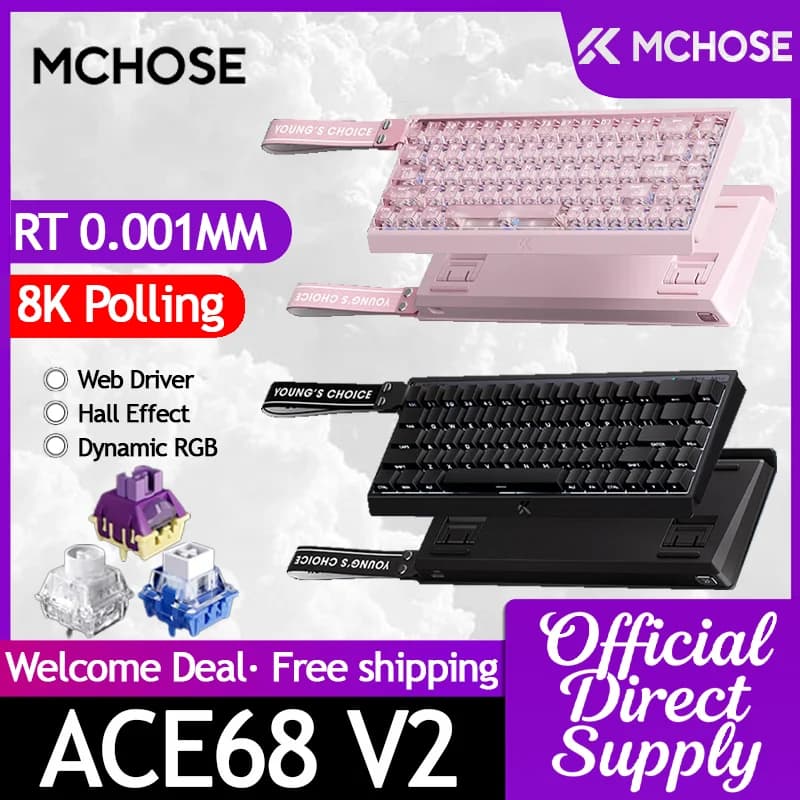 Tastiera da Gaming MCHOSE ACE68 V2 con Polling a 8000Hz, Latenza Ultra-Bassa di 0.08ms, Frequenza di Scansione di 256kHz, RT 0.001MM, RGB Dinamico, DKS, SCOD, MT, TGL