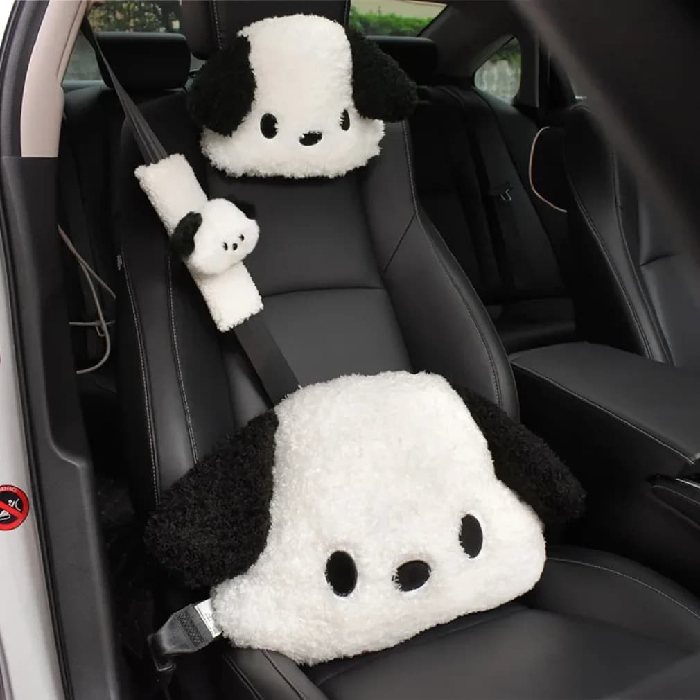 Cuscino per poggiatesta auto e supporto lombare in peluche a forma di cane, grazioso e confortevole per la schiena e la vita in auto