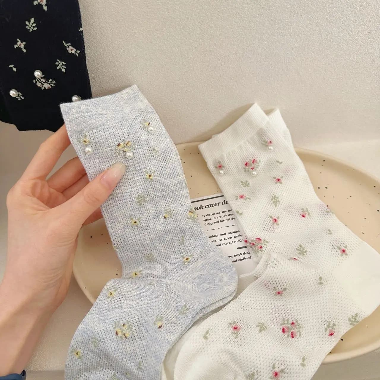 Spring/Summer Lightweight Floral Patterned Women’s Mid-Calf Socks with Mesh Ventilation, Pearl Embellishments