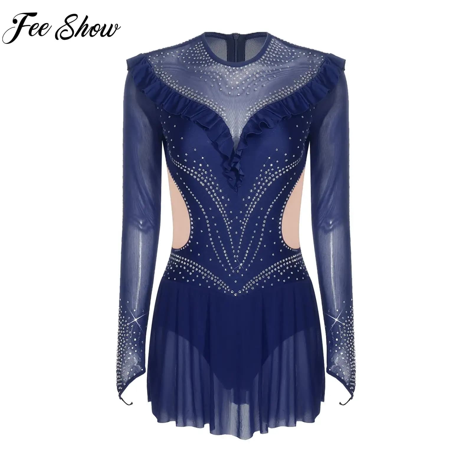 Body da Danza per Donna, Stile Balletto, Latino e Lirico, Costume per Ginnastica e Pattinaggio Artistico con Strass, Rete e Bordi Arricciati