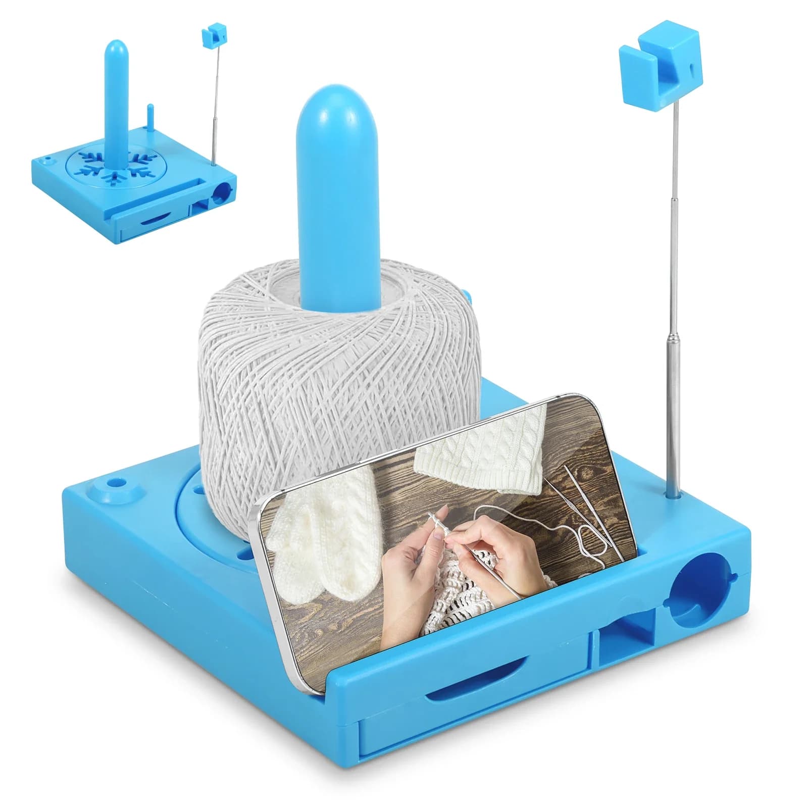 Porta Filati per Uncinetto, Organizzatore in Plastica per Rocchetti con Supporto Telefono, Contenitore Staccabile per Uncinetto, Porta Filati Girevole