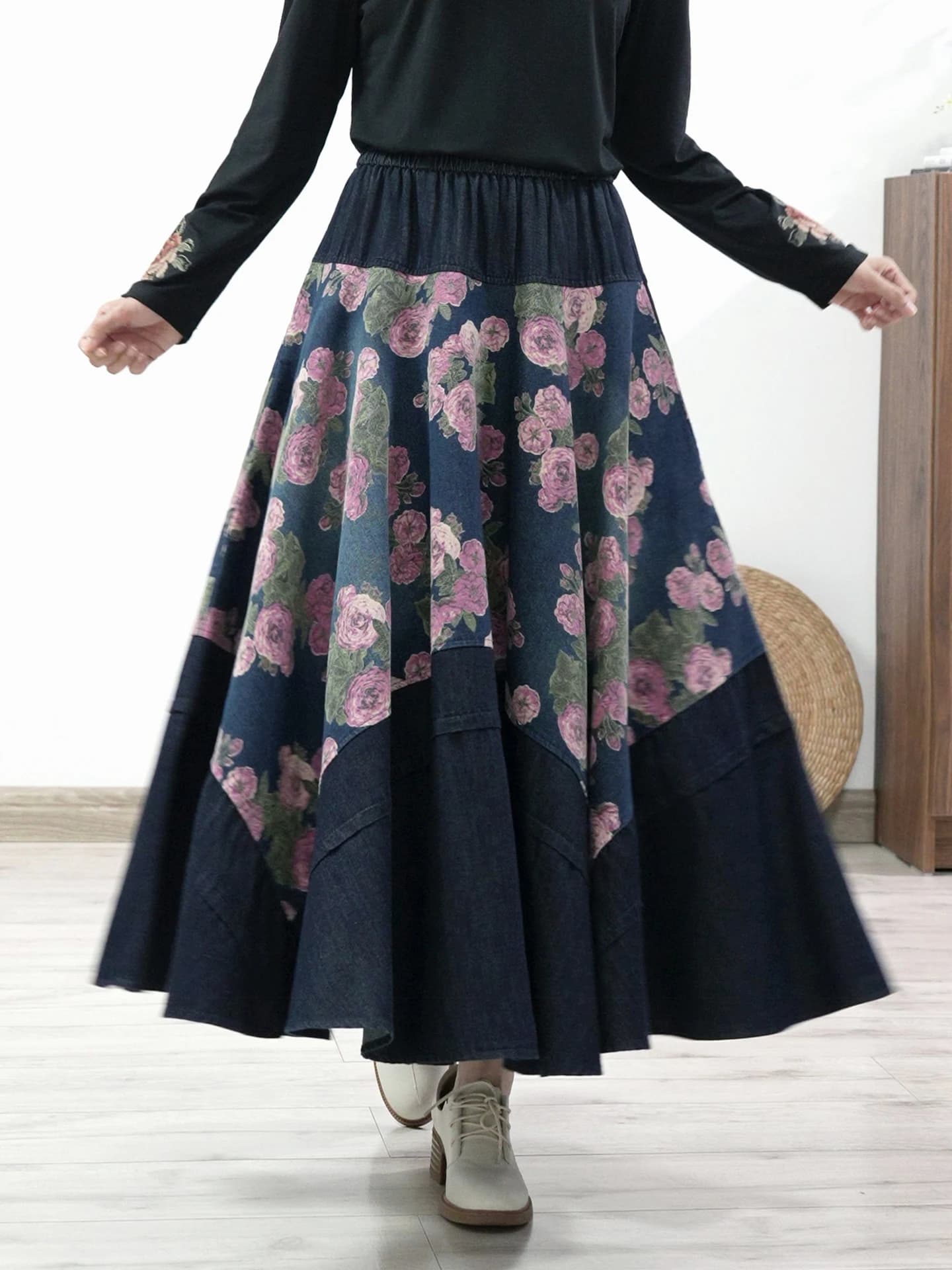 TIYIHAILEY Gonna Lunga Maxi da Donna in Denim con Vita Alta Elastica, Stampa Patchwork a Linea A, Jeans Spessi Neri per Autunno Inverno 2026