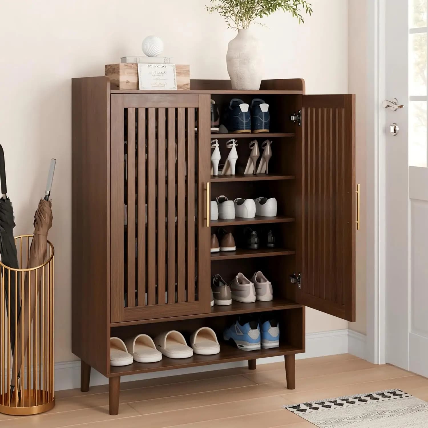 6-Tier Shoe Cabinet with 2 Doors & Adjustable Shelves, Freestanding Hidden Organizer for Entryway Hallway, Walnut, Customized