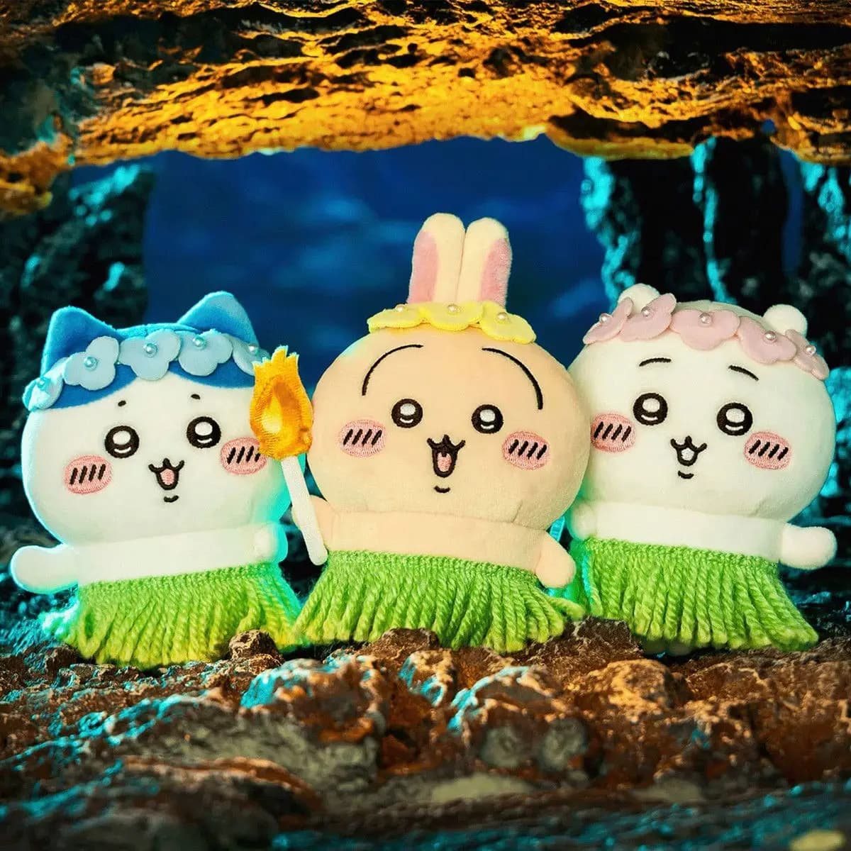 Kawaii Ckw Mermaid Island Plush Pendant Keyring Usagi Hachiware Chii with Grass Skirt Flower Headband Stuffed Doll Cute Gift