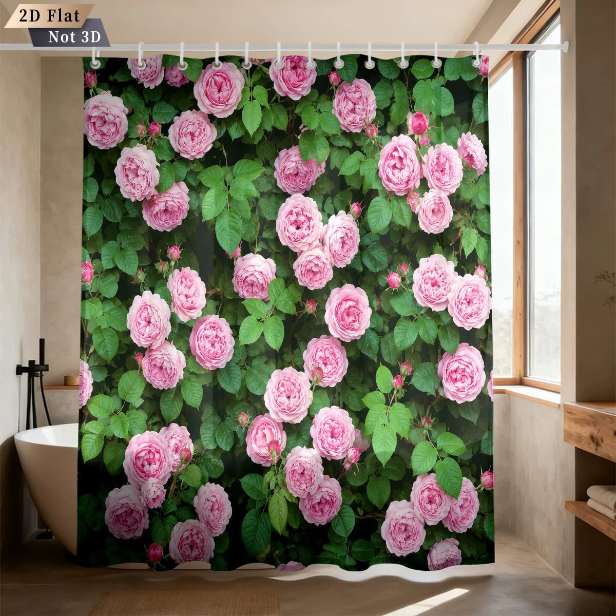 Romantic Pink Rose Floral Shower Curtain Polyester Digital Printing Abundant Soft‑Pink Blossoms With Fresh Lush Green