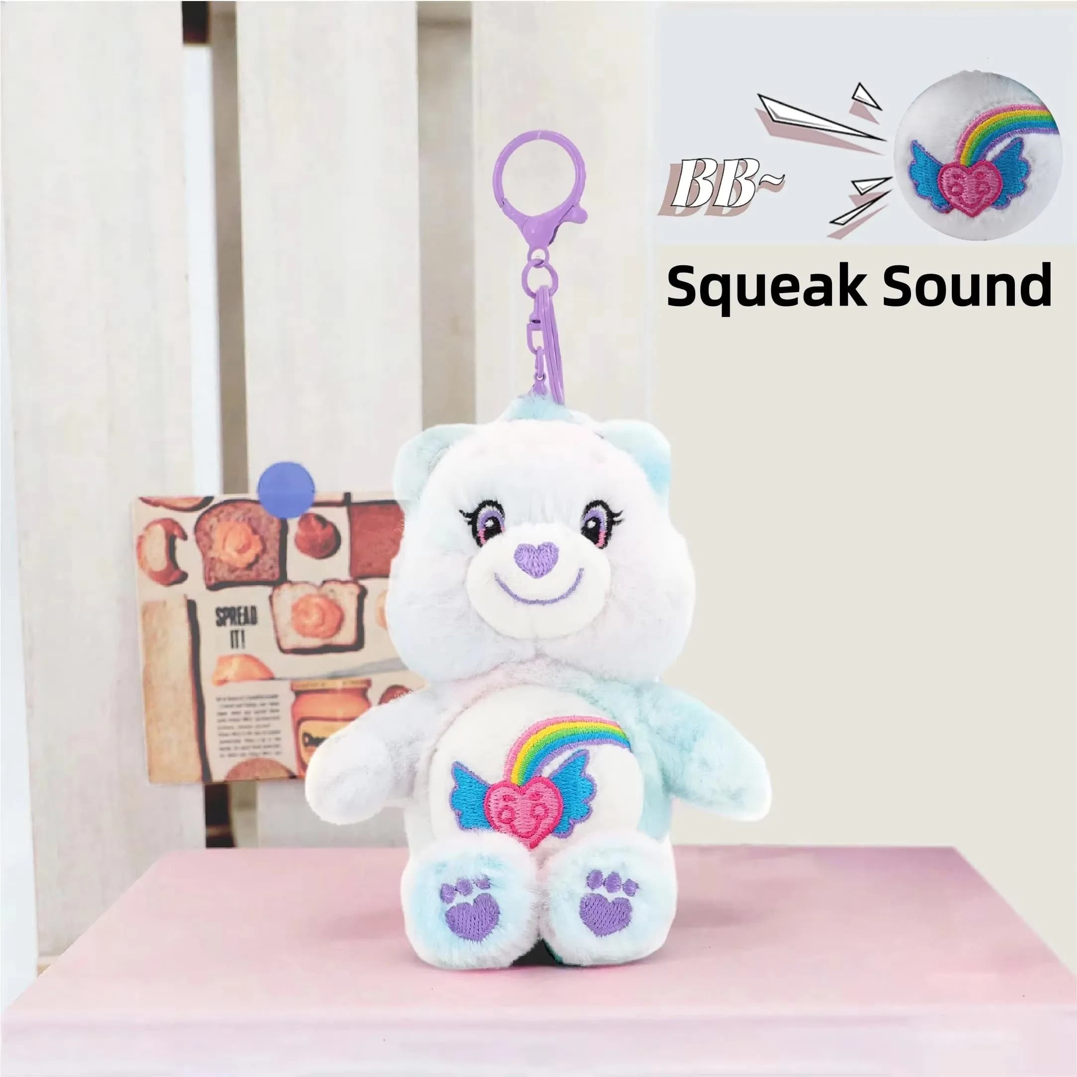 Portachiavi Peluche Care Bears 15cm, Ciondolo Orsetto Cartone Animato Morbido con Suono, Giocattolo Imbottito Kawaii per Decorazione Borsa, Regalo di Compleanno