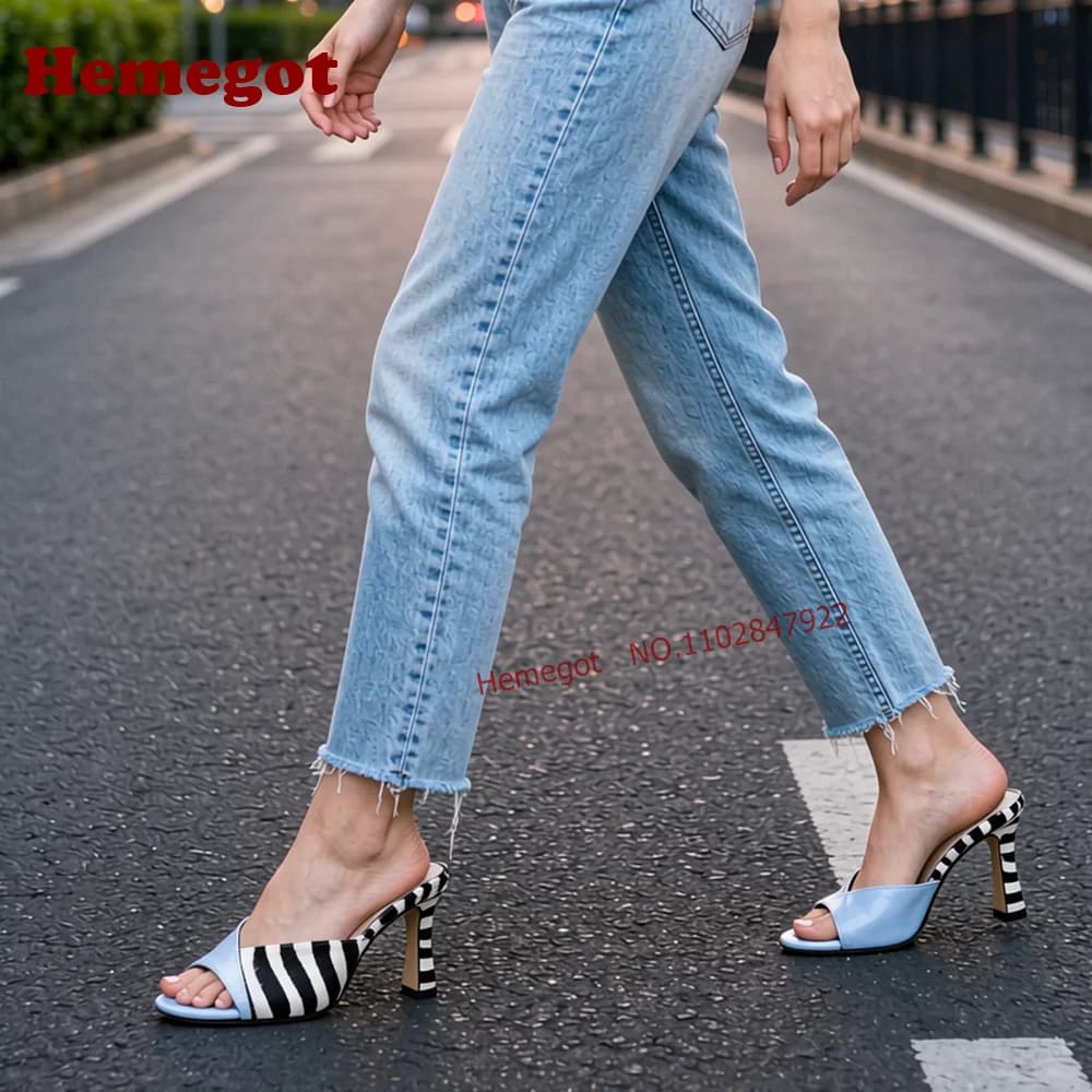 Pink Zebra Print Peep Toe Slippers Color Block Chunky Heel Slip On Slide Sandals for Women Kitten Heels Splicing Runway Shoes