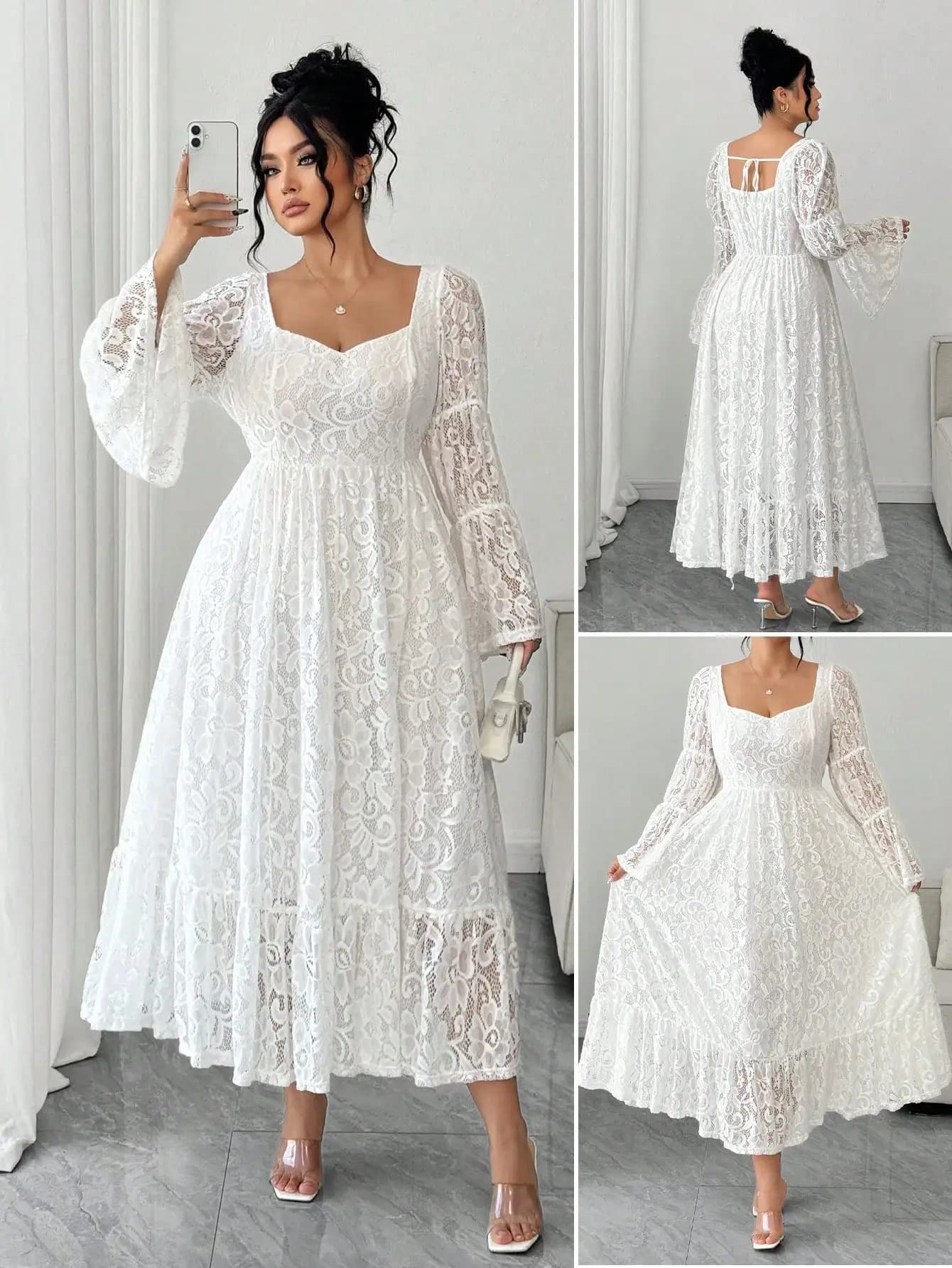 Abito midi bianco in pizzo con scollo quadrato e maniche a campana per occasioni eleganti