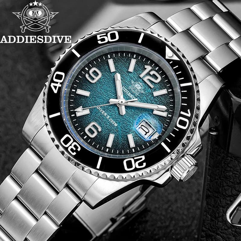 ADDIESDIVE Men's Watch Underwater Quartz 41mm Waterproof 20Bar Super Bright Wrist Watch AD2513 Fashionable Stainless Steel Watches Gift
