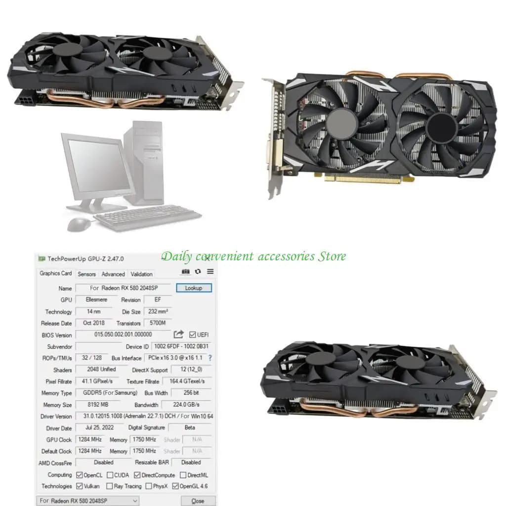 Scheda VGA Radeon RX 580 2048SP 8GB DDR5 256 bit Ready con doppie ventole, scheda grafica DVI compatibile 3xDP