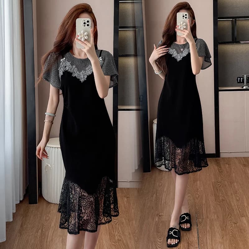 Elegant Spliced Dress Women's plus Size Slimming Design T-Shirt Dress Versatile Summer Fashion High-End Sensation Luxury Blend