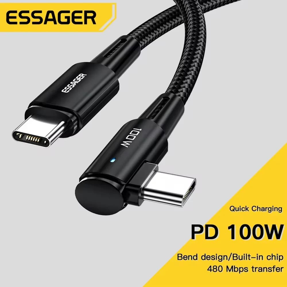 Essager 100W USB Type C to USB C Cable 90-degree angle for iPad MacBook Pro Xiaomi Samsung Huawei Quick Charging Type-C Data Wire