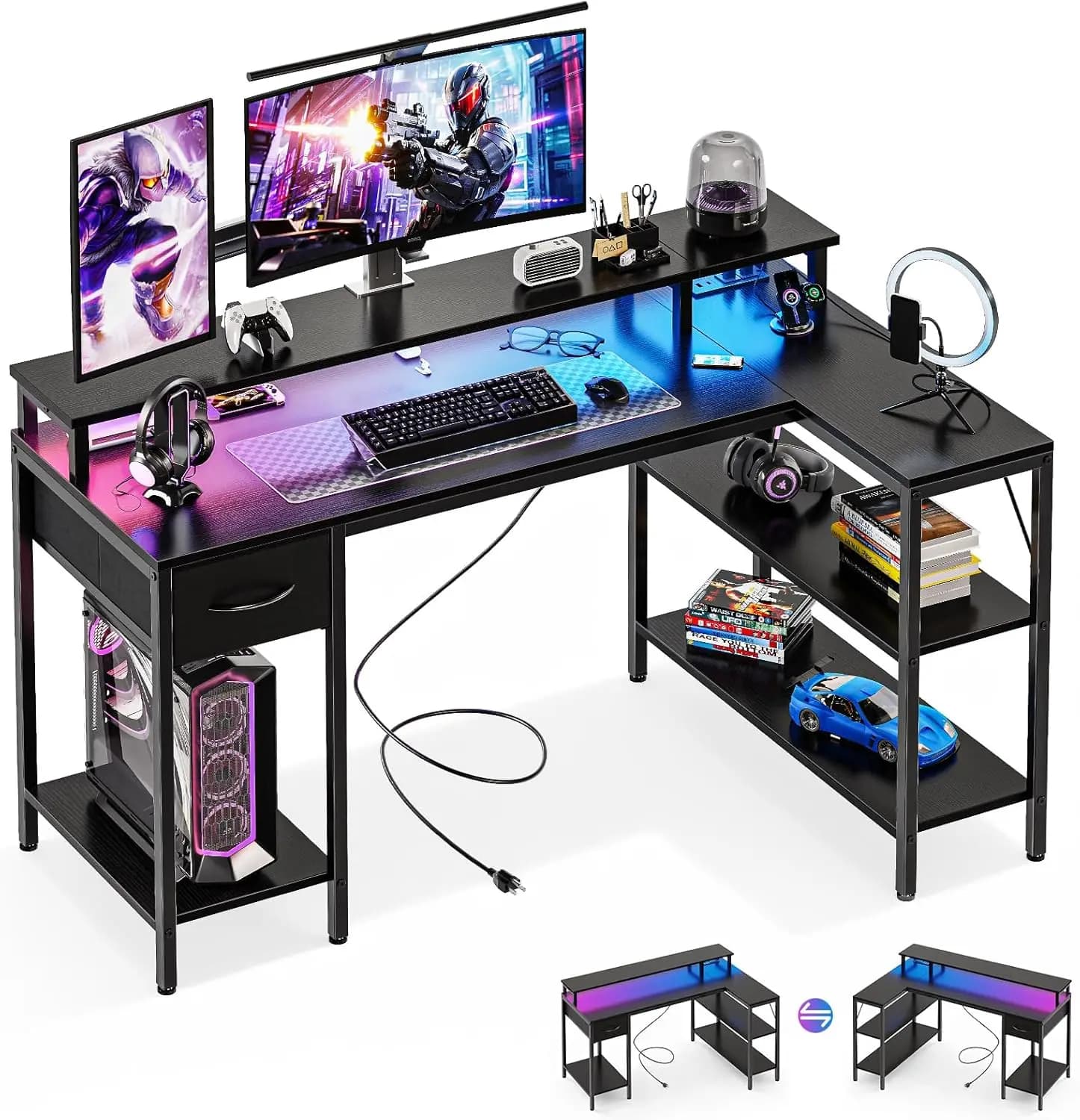 53-Inch L-Shaped Corner Gaming Desk with USB Charging Ports and LED Lighting, Reversible Computer Table for Compact Spaces, Includes Power Outlets, Monitor Stand, and Storage Shelves, Black