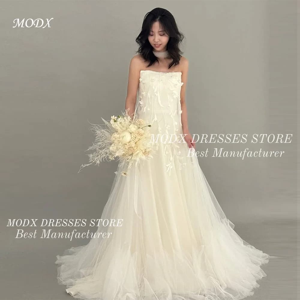 Abito da sposa coreano MODX con applicazioni floreali beige e luci fatate, in tulle, per servizi fotografici, personalizzabile, Vestidos Novias Boda