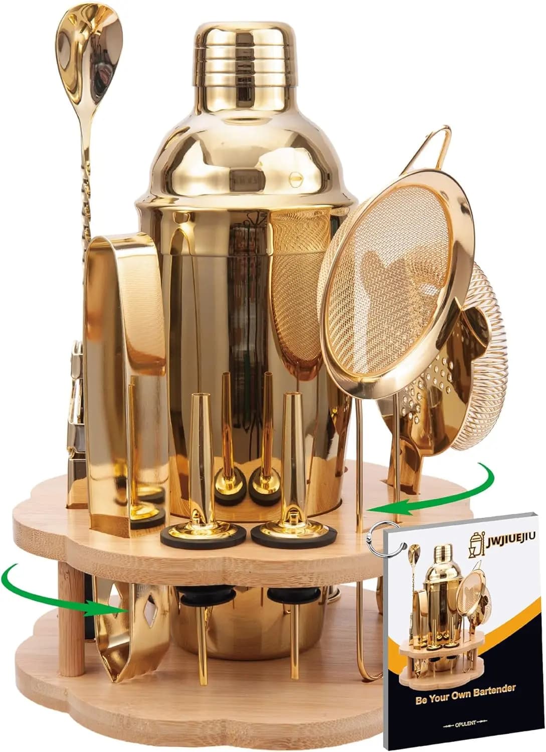 11-Piece Stainless Steel Cocktail Shaker Set with Rotatable Bamboo Stand, Bar Accessories for Home and Parties