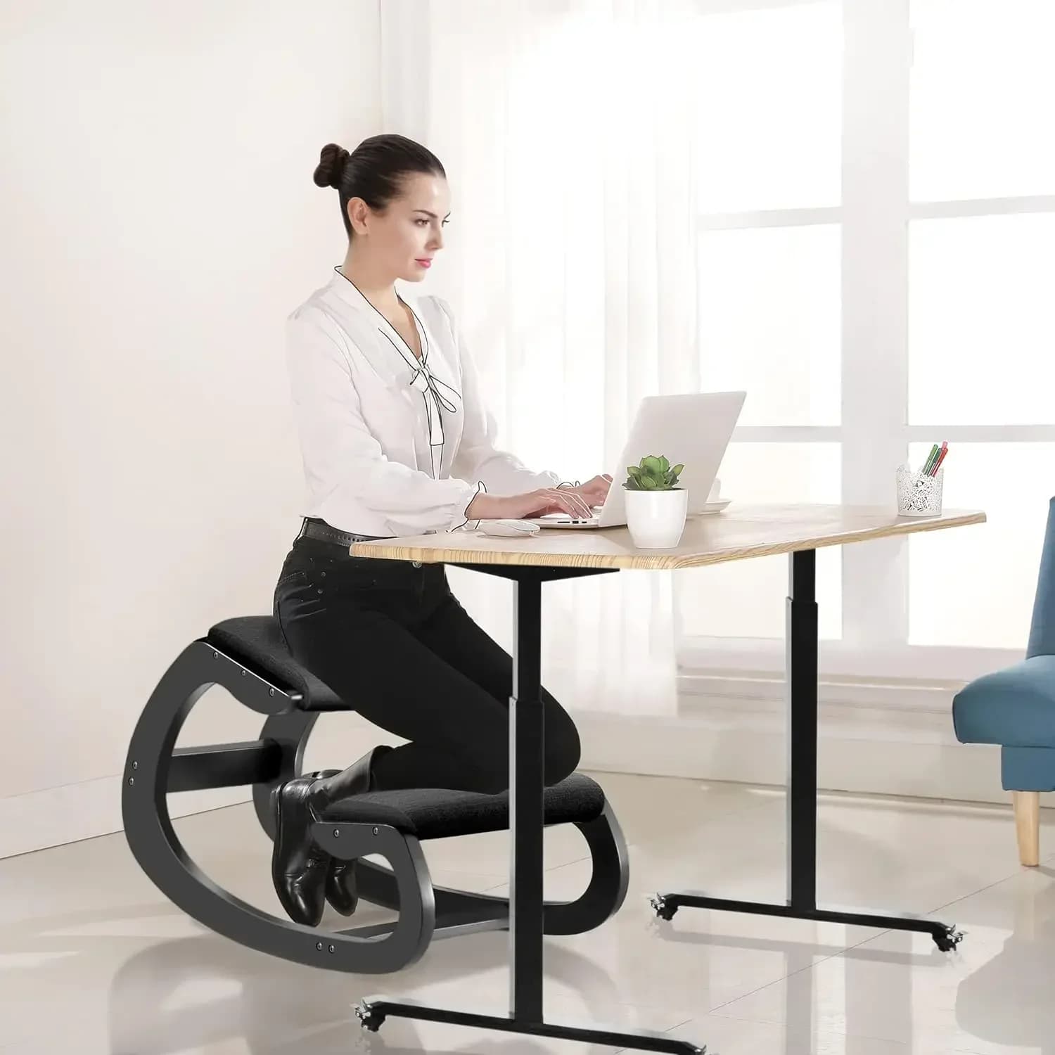 Predawn Ergonomic Kneeling Chair,Rocking Knee Chair Upright Posture Chair for Home Office Meditation Wooden & Linen Cushion
