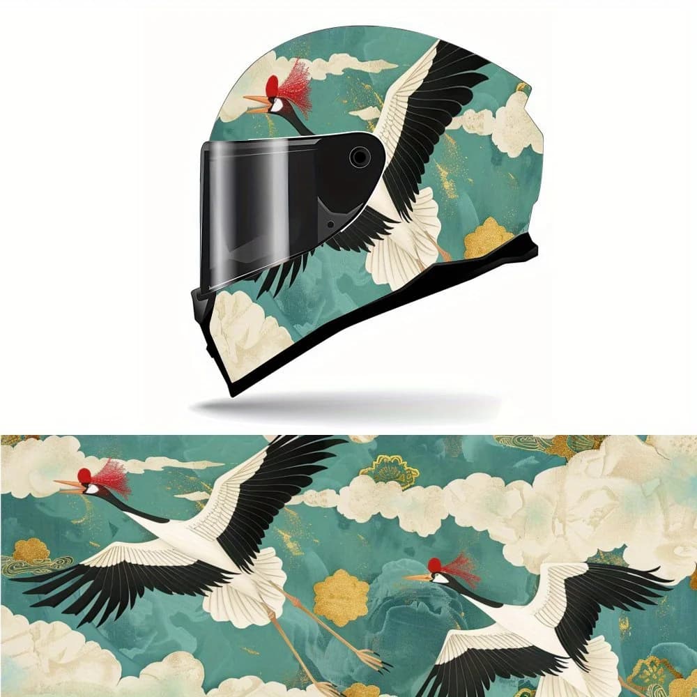 Squisita decalcomania per casco avvolgente in vinile per moto con gru coronata rossa, decorazione autoadesiva per casco impermeabile, moto universale