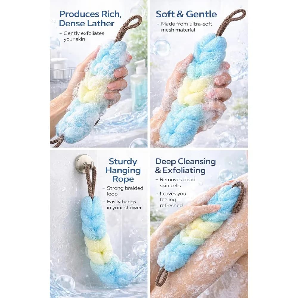 Long Mesh Bath Sponge Back Scrubber, Braided Shower Loofah Back Washer with Hanging Rope, Exfoliating Body Bath Strap for Adults, 1 Pack