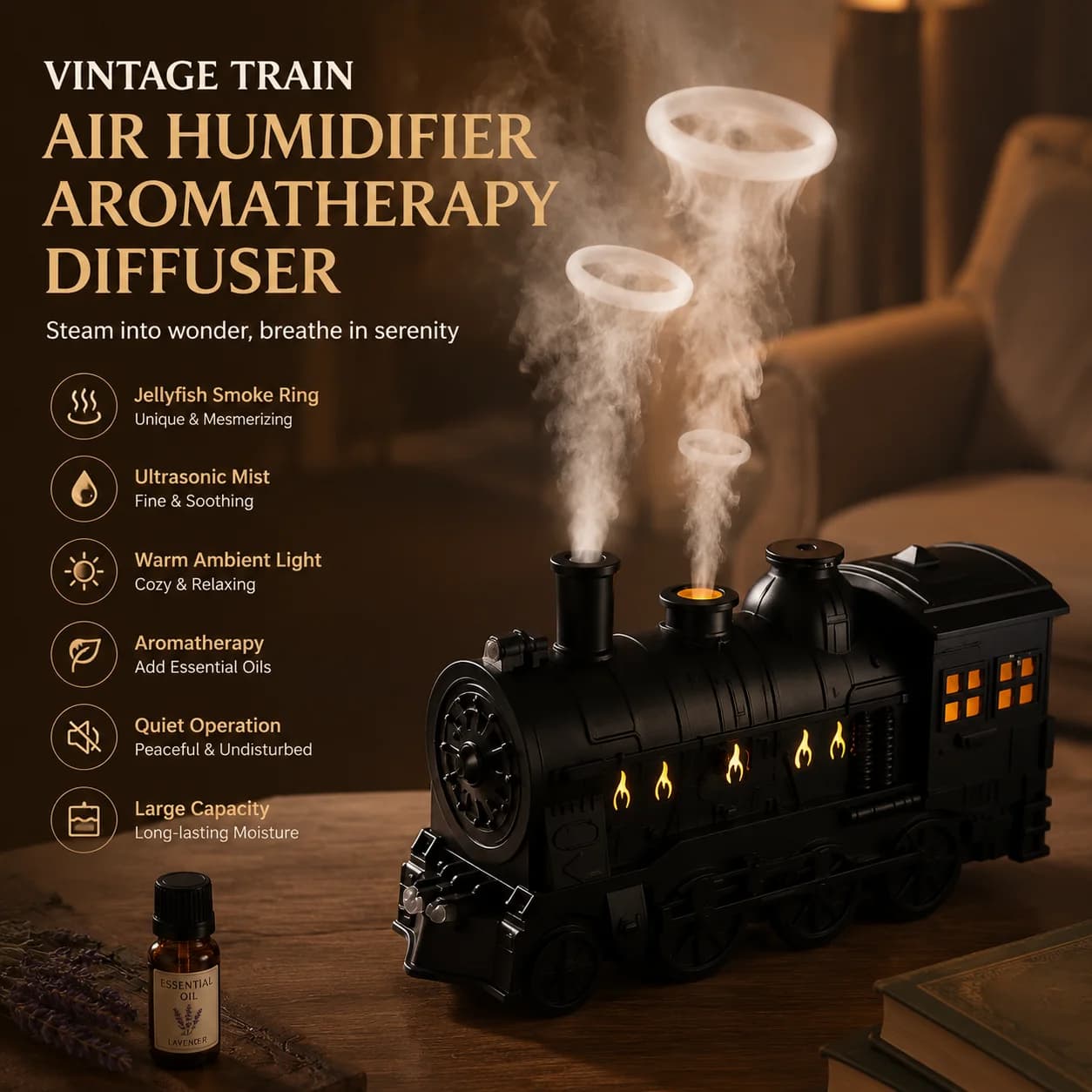 Creative Vintage Train Locomotive Air Humidifier Aromatherapy Diffuser with Ambient Lights USB-Powered Air Humidifier for Home