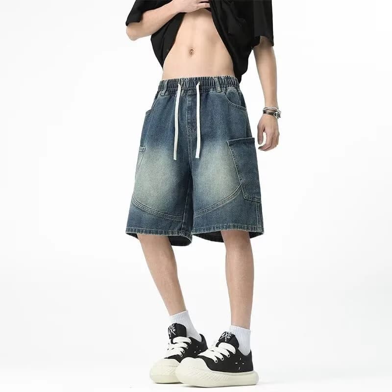 American Retro Men's Wide Leg Denim Shorts Summer Loose Elastic Waist Multi-Pocket Workwear Five-Quarter Pants Versatile Jeans